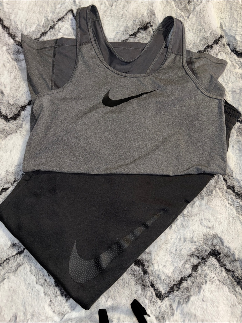 Nike Heather Gray Racerback Tank with Black Swoosh and matching Nike pants,